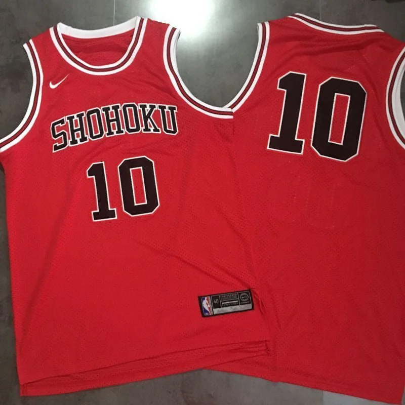 Basketball Jersey for Custom Fit for All Ages-Slam Dunk Shohoku Away 10 Sakuragi Hanamichi Red Stitched Basketball Basketball Jersey