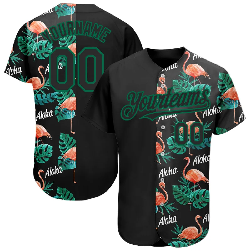 Baseball Jersey for High School Teams-Custom Black Kelly Green 3D Pattern Design Hawaii Flamingos And Leaves Authentic Baseball Jersey