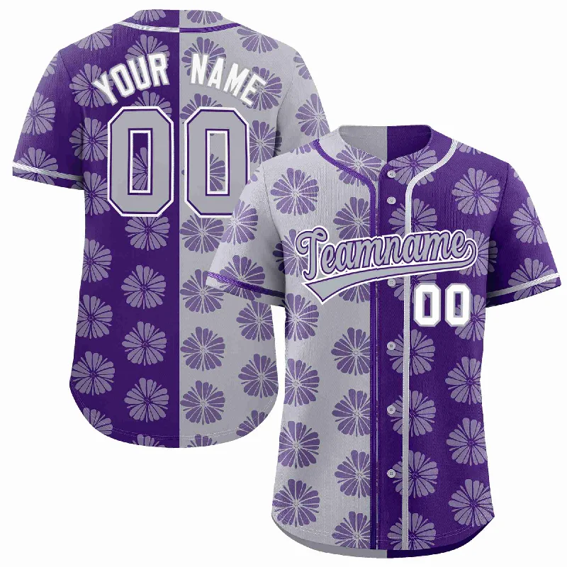 Baseball Jersey for Custom Logos-Custom Light Gray Purple Split Fashion Flower Graffiti Pattern Authentic Baseball Jersey