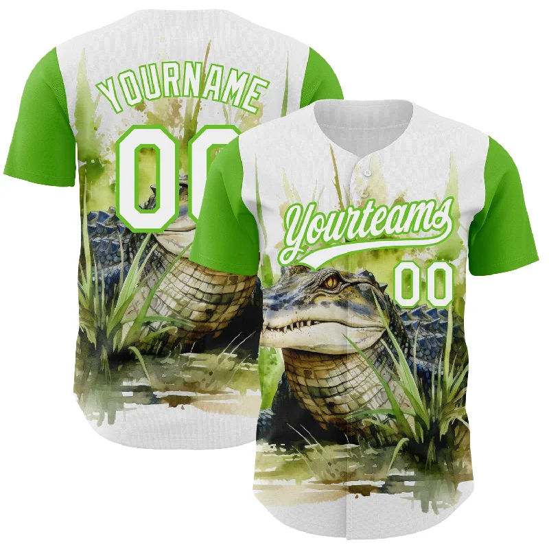 Baseball Jersey for High-End Custom Bats and Jerseys-Custom White Aurora Green 3D Pattern Design Crocodile Authentic Baseball Jersey