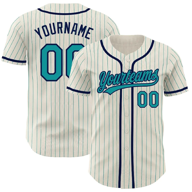 Baseball Jersey for Women-Custom Cream Teal Pinstripe Navy Authentic Baseball Jersey