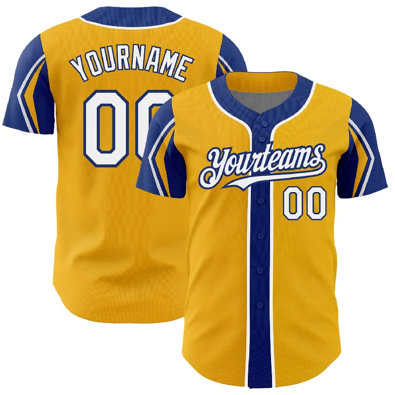 Baseball Jersey for Premium Custom Player Jerseys-Custom Gold White-Royal 3 Colors Arm Shapes Authentic Baseball Jersey