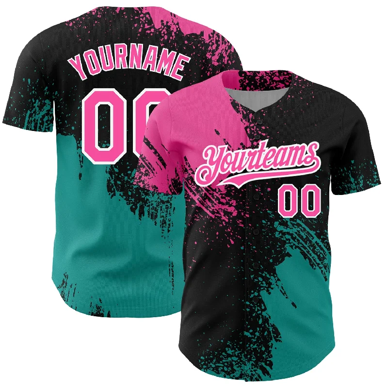 Baseball Jersey for School Baseball Uniforms-Custom Black Pink-Teal 3D Pattern Design Abstract Brush Stroke Authentic Baseball Jersey