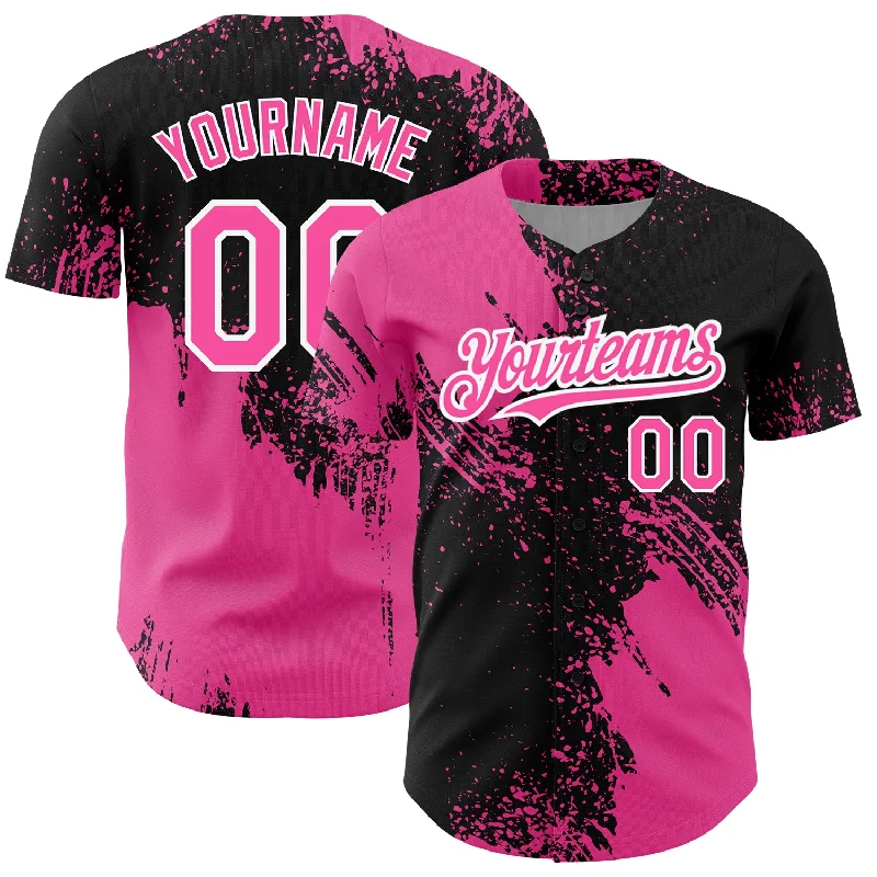 Baseball Jersey for Customizable Player Names-Custom Black Pink-White 3D Pattern Design Abstract Brush Stroke Authentic Baseball Jersey