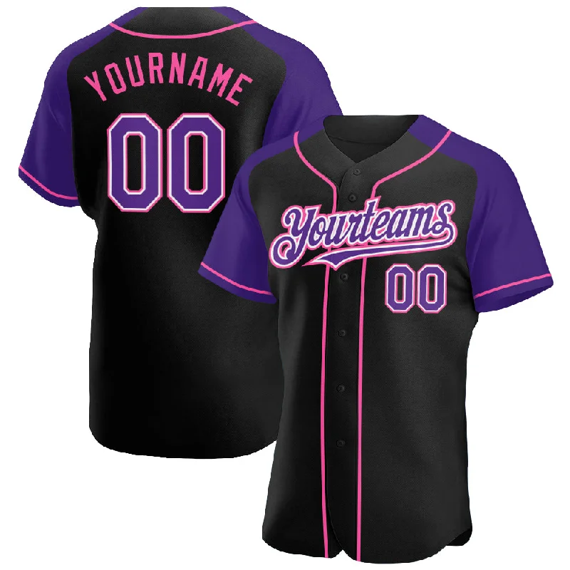 Baseball Jersey for Durable and Breathable Fabric-Custom Black Purple-Pink Authentic Raglan Sleeves Baseball Jersey