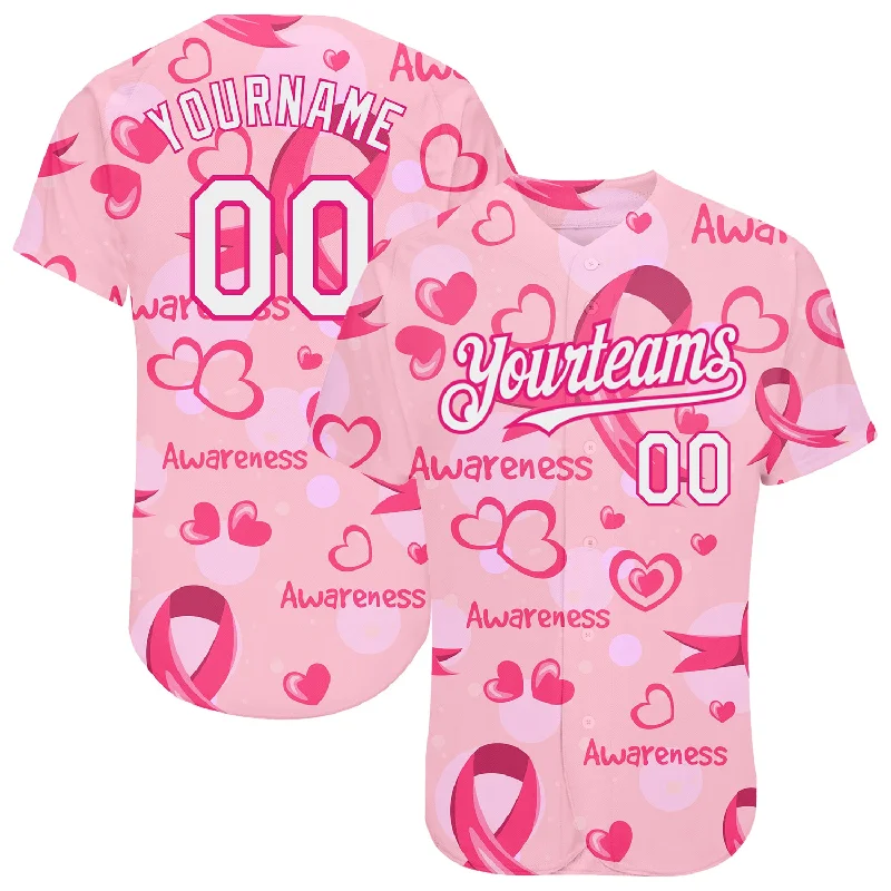 Baseball Jersey for High-End Custom Bats and Jerseys-Custom Pink White-Hot Pink 3D Pink Ribbon Breast Cancer Awareness Month Women Health Care Support Authentic Baseball Jersey