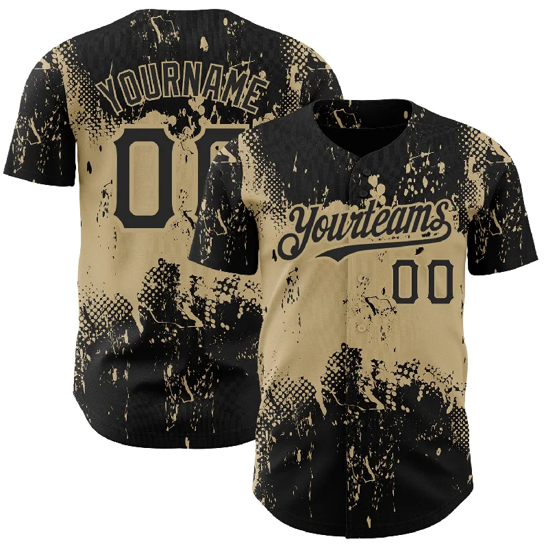 Baseball Jersey for High-Quality Fit and Design-Custom Black Vegas Gold 3D Pattern Design Abstract Splatter Grunge Art Authentic Baseball Jersey