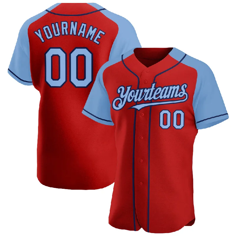 Baseball Jersey for Game Day Comfort-Custom Red Light Blue-Navy Authentic Raglan Sleeves Baseball Jersey