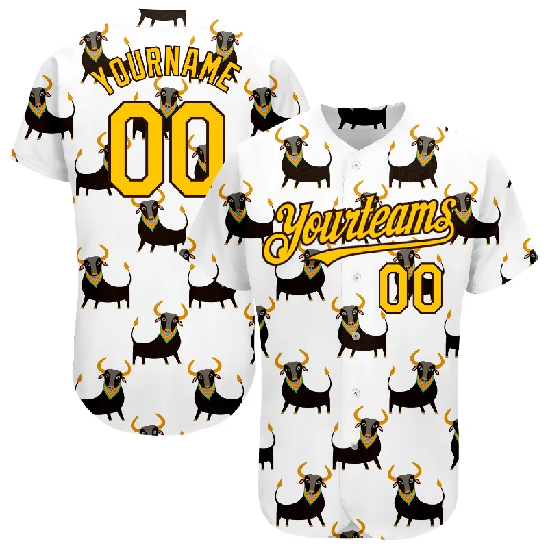 Baseball Jersey for Adjustable Fit-Custom White Yellow-Brown 3D Pattern Design Ox Authentic Baseball Jersey