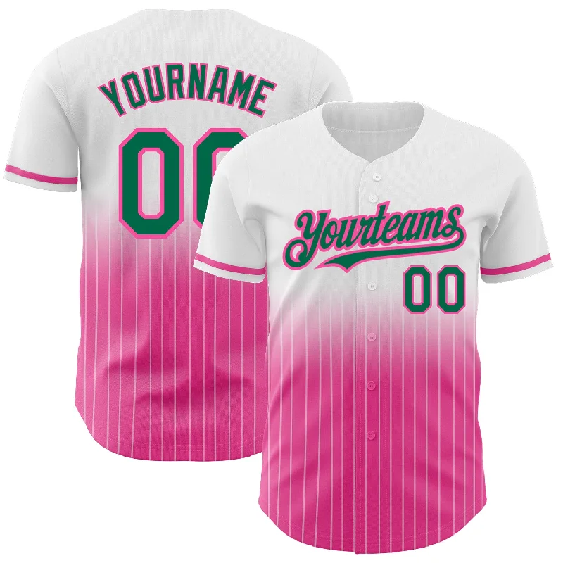 Baseball Jersey for Casual Wear-Custom White Pinstripe Kelly Green-Pink Authentic Fade Fashion Baseball Jersey