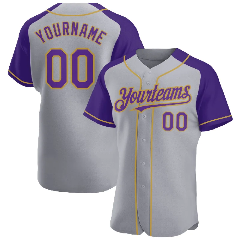 Baseball Jersey for Comfortable Game Day-Custom Gray Purple-Old Gold Authentic Raglan Sleeves Baseball Jersey