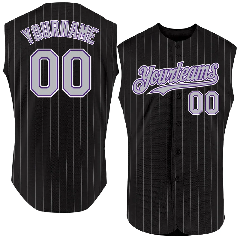 Baseball Jersey for Comfortable Play Uniforms-Custom Black Gray Pinstripe Purple-White Authentic Sleeveless Baseball Jersey