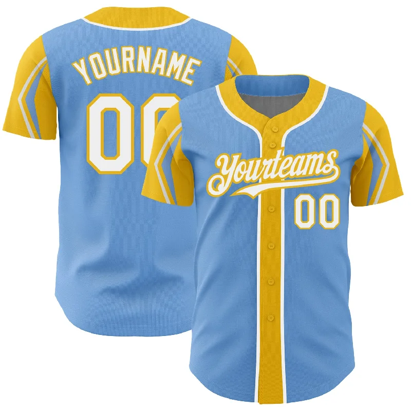 Baseball Jersey for College Teams-Custom Light Blue White-Yellow 3 Colors Arm Shapes Authentic Baseball Jersey