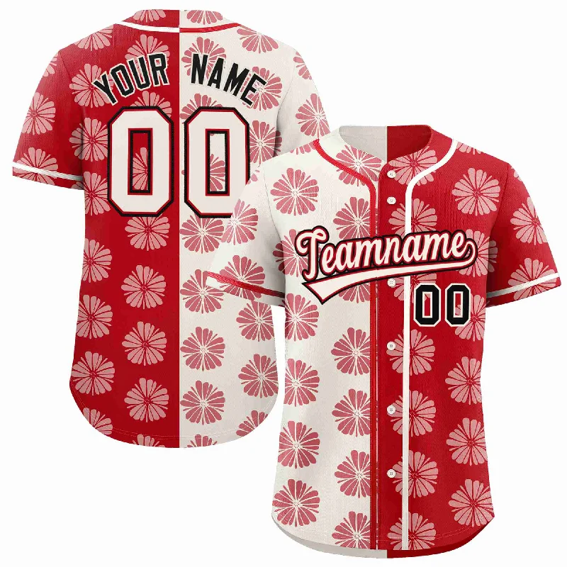 Baseball Jersey for Youth Custom Jerseys-Custom Cream Red Split Fashion Flower Graffiti Pattern Authentic Baseball Jersey