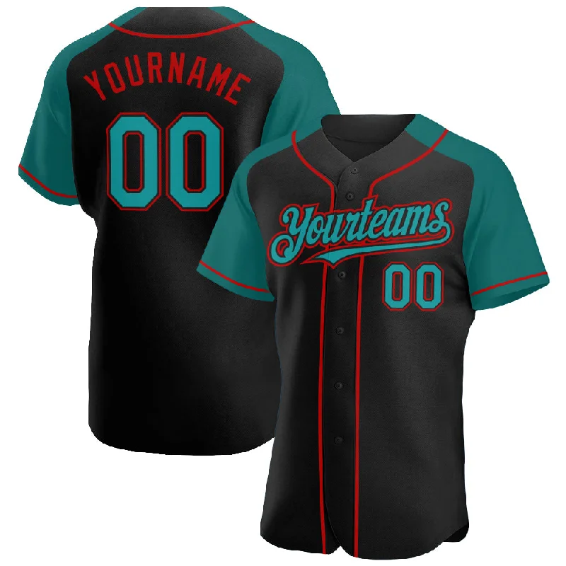 Baseball Jersey for Personalized Apparel for Fans-Custom Black Teal-Red Authentic Raglan Sleeves Baseball Jersey