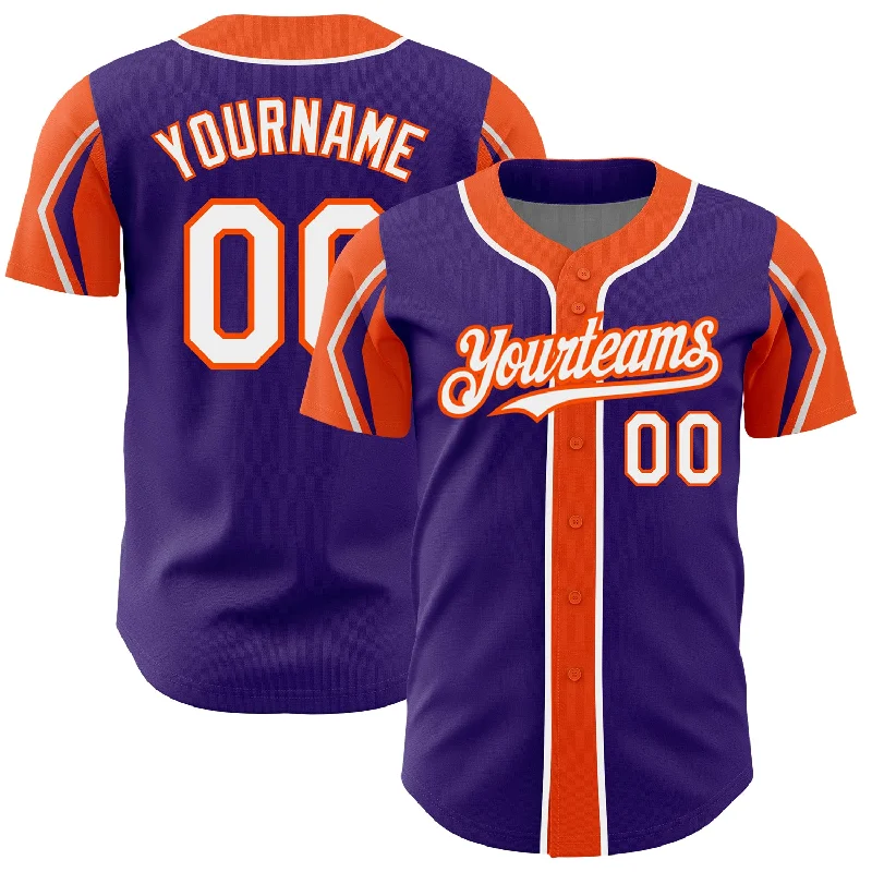 Baseball Jersey for Comfortable All-Day Wear-Custom Purple White-Orange 3 Colors Arm Shapes Authentic Baseball Jersey