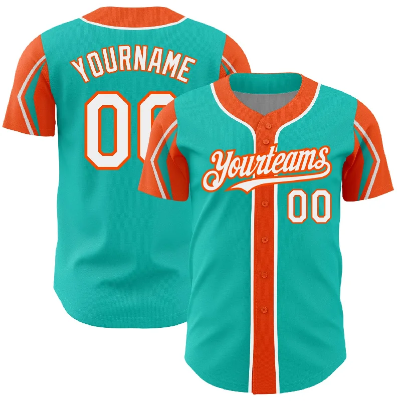 Baseball Jersey for High-School Sports Apparel-Custom Aqua White-Orange 3 Colors Arm Shapes Authentic Baseball Jersey