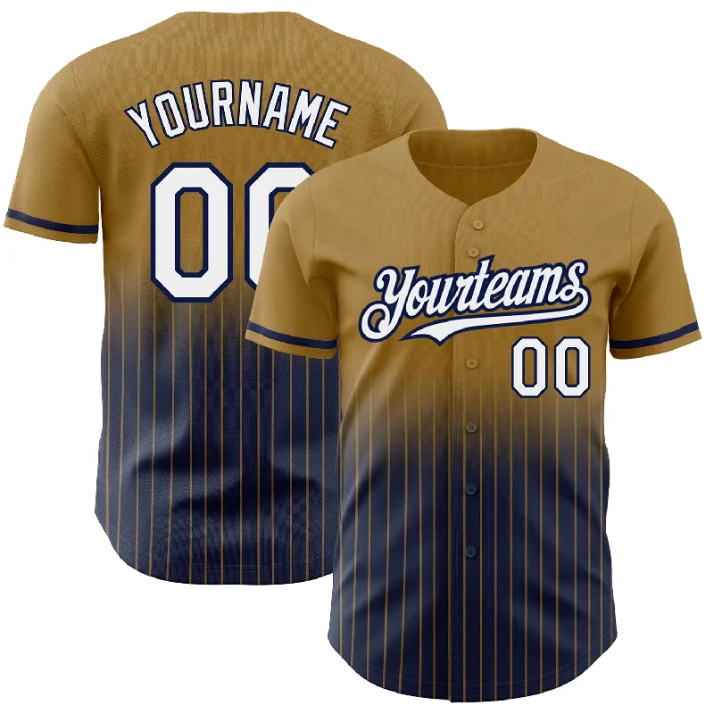 Baseball Jersey for Team Identity Apparel-Custom Old Gold Pinstripe White-Navy Authentic Fade Fashion Baseball Jersey