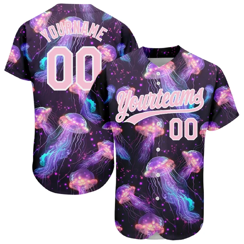 Baseball Jersey for Vintage Style-Custom Black Light Pink-White 3D Pattern Design Jellyfish Floating In The Ocean Authentic Baseball Jersey