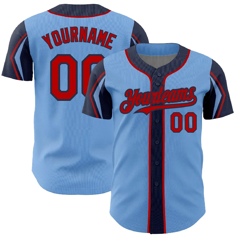 Baseball Jersey for Vintage Style-Custom Light Blue Red-Navy 3 Colors Arm Shapes Authentic Baseball Jersey