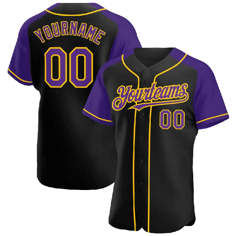 Baseball Jersey for Stylish Uniform Designs-Custom Black Purple-Yellow Authentic Raglan Sleeves Baseball Jersey