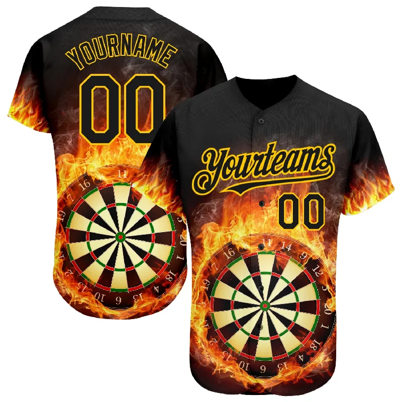 Baseball Jersey for Team Custom Fit-Custom Black Gold 3D Pattern Design Flame Dart Board Authentic Baseball Jersey