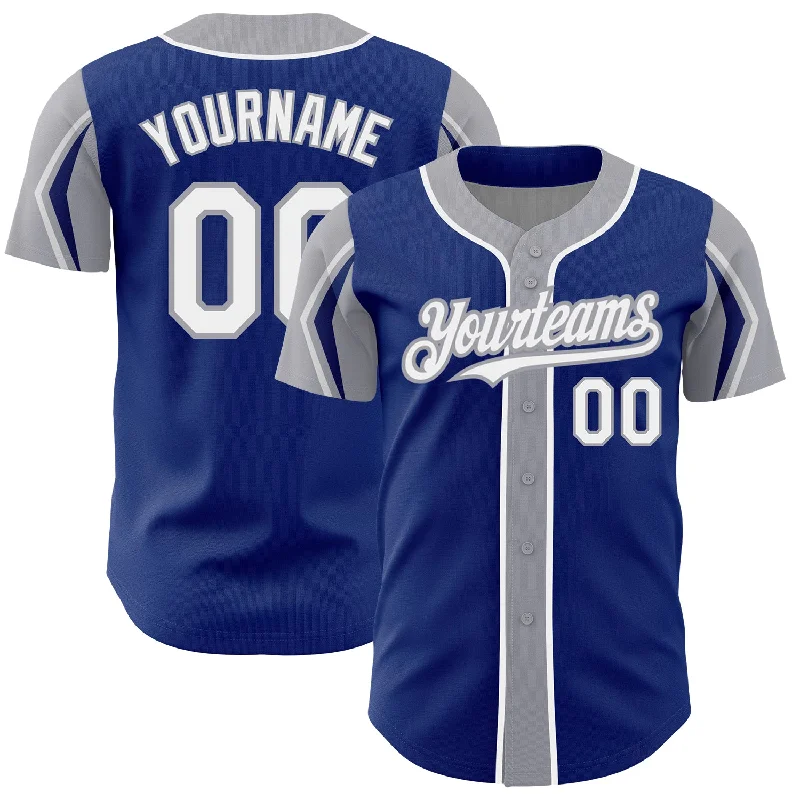 Baseball Jersey for Unique Fan Gear-Custom Royal White-Gray 3 Colors Arm Shapes Authentic Baseball Jersey