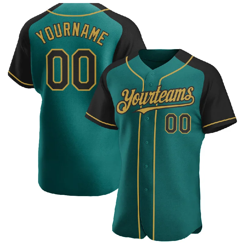 Baseball Jersey for Cool Fabric and Design-Custom Teal Black-Old Gold Authentic Raglan Sleeves Baseball Jersey