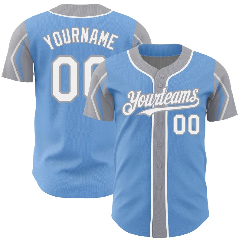 Baseball Jersey for Durable and Breathable Fabric-Custom Light Blue White-Gray 3 Colors Arm Shapes Authentic Baseball Jersey