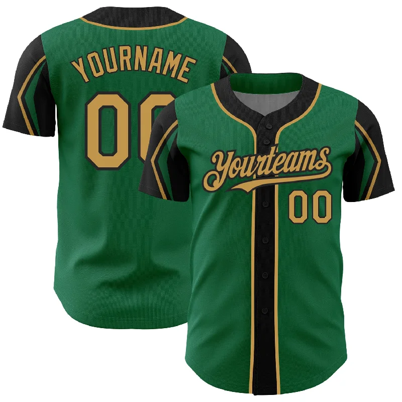 Baseball Jersey for Durable, Lightweight Material-Custom Kelly Green Old Gold-Black 3 Colors Arm Shapes Authentic Baseball Jersey