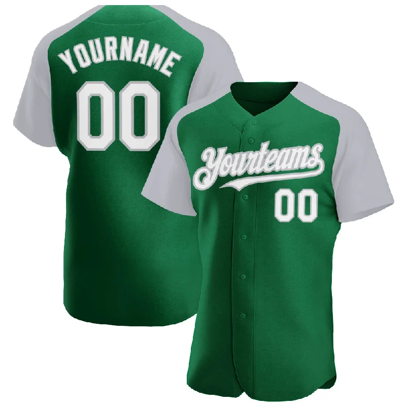 Baseball Jersey for Comfortable Cotton Fabric-Custom Kelly Green White-Gray Authentic Raglan Sleeves Baseball Jersey