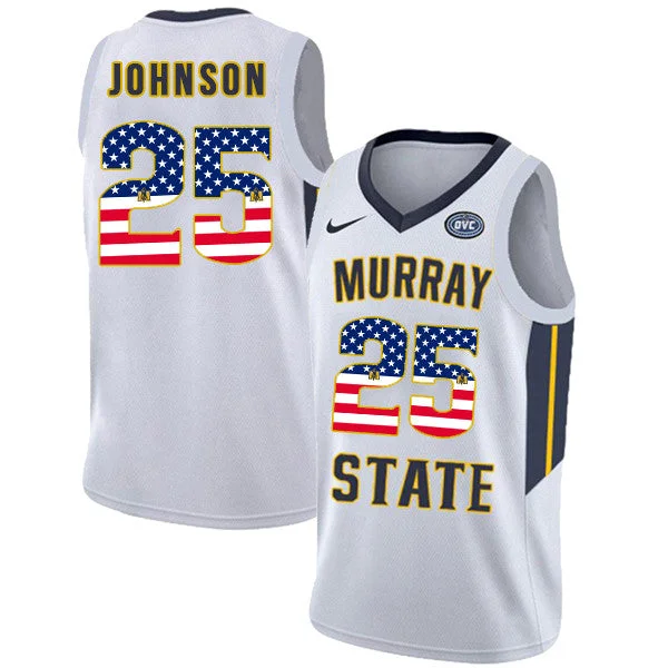 Basketball Jersey for Affordable Custom Designs-Murray State Racers 25 Jalen Johnson White USA Flag College Basketball Basketball Jersey