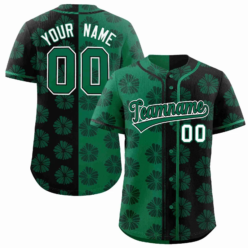 Baseball Jersey for Durable, Lightweight Material-Custom Kelly Green Black Split Fashion Flower Graffiti Pattern Authentic Baseball Jersey