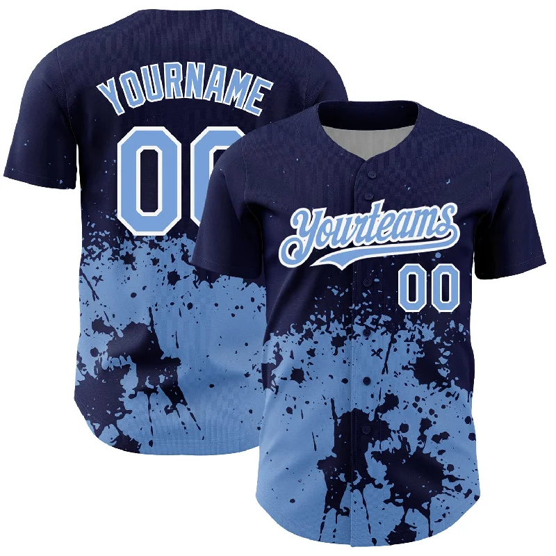 Baseball Jersey for Lightweight Comfort-Custom Navy Light Blue-White 3D Pattern Design Abstract Splash Grunge Art Authentic Baseball Jersey