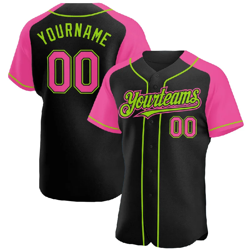 Custom Baseball Jersey for Players-Custom Black Pink-Neon Green Authentic Raglan Sleeves Baseball Jersey