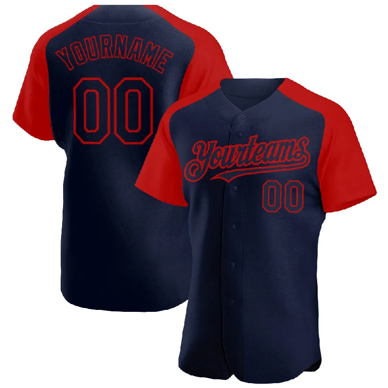 Baseball Jersey for Outdoor Play-Custom Navy Red Authentic Raglan Sleeves Baseball Jersey