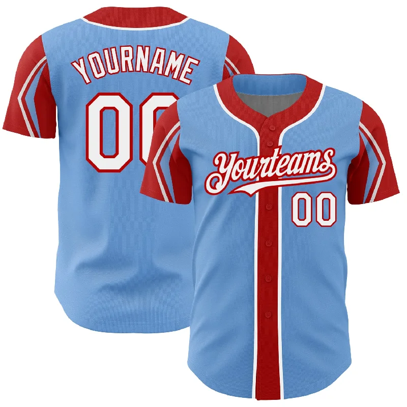 Baseball Jersey for Game Day-Custom Light Blue White-Red 3 Colors Arm Shapes Authentic Baseball Jersey