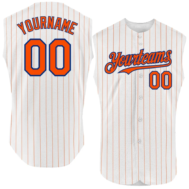 Baseball Jersey for Custom Team Colors-Custom White Orange Pinstripe Navy Authentic Sleeveless Baseball Jersey