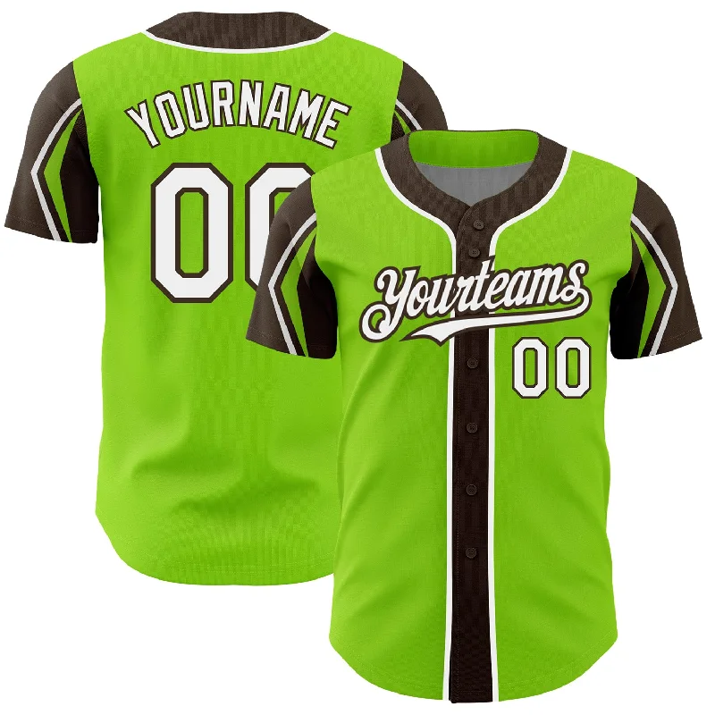 Baseball Jersey for All-Age Groups-Custom Neon Green White-Brown 3 Colors Arm Shapes Authentic Baseball Jersey