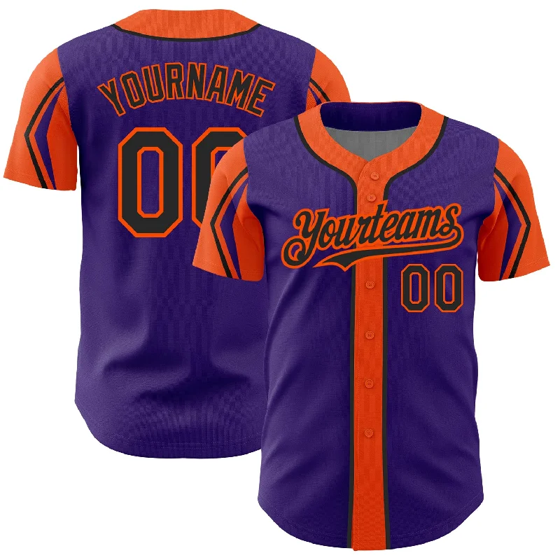 Baseball Jersey for Customizable Player Names-Custom Purple Black-Orange 3 Colors Arm Shapes Authentic Baseball Jersey