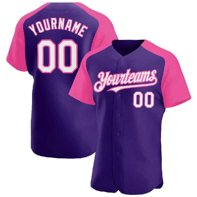 Baseball Jersey for Soft and Comfortable Fit-Custom Purple White-Pink Authentic Raglan Sleeves Baseball Jersey