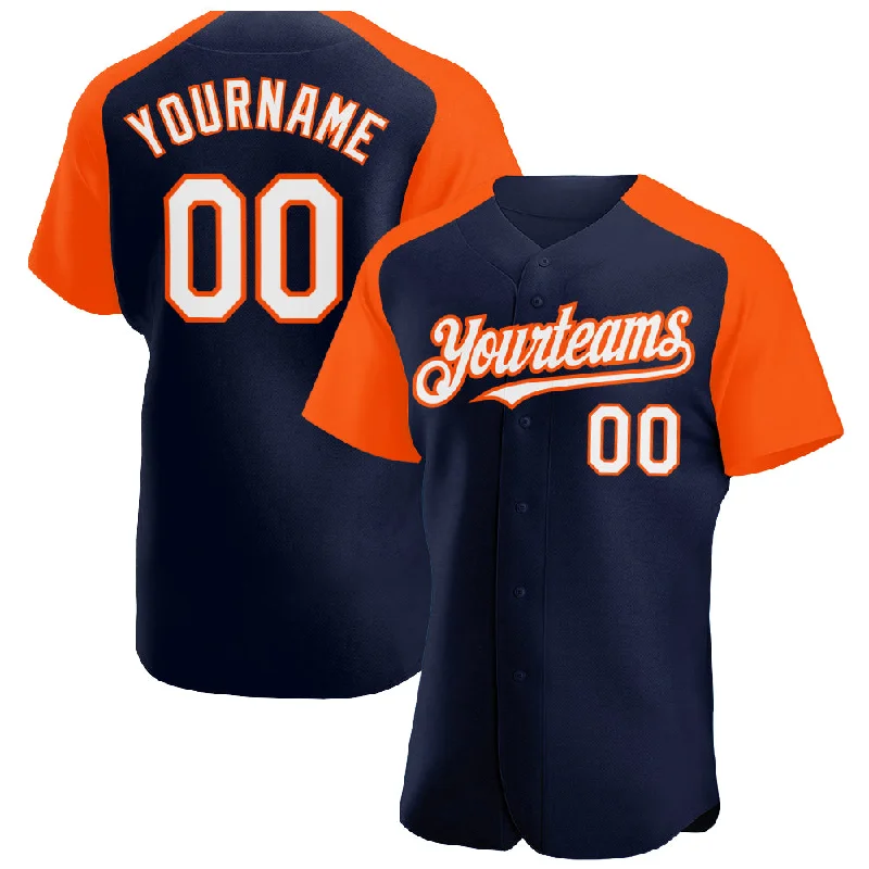 Baseball Jersey for Premium Fabric-Custom Navy White-Orange Authentic Raglan Sleeves Baseball Jersey