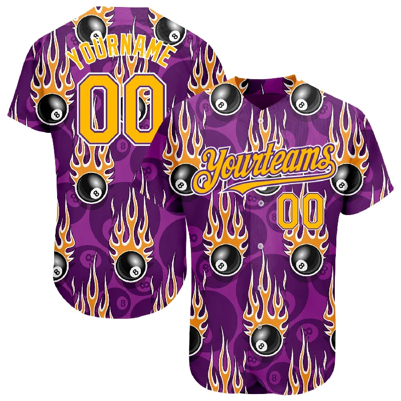 Baseball Jersey for Comfortable and Soft Team Jerseys-Custom Purple Gold-White 3D Pattern Design Billiards Snooker 8 Ball With Hotrod Flame Authentic Baseball Jersey