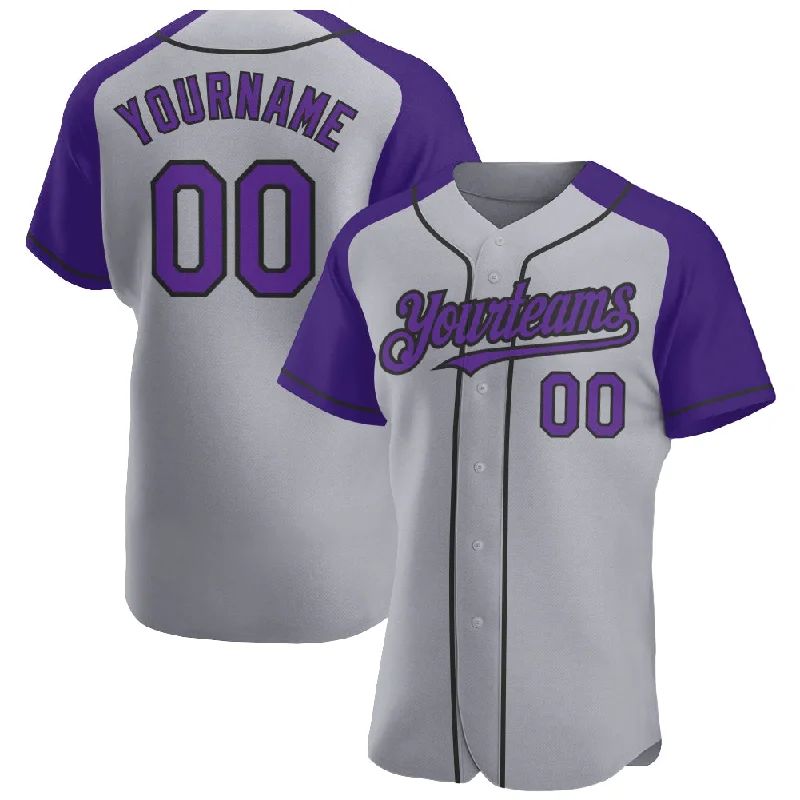 Baseball Jersey for Batting and Fielding Gear-Custom Gray Purple-Black Authentic Raglan Sleeves Baseball Jersey