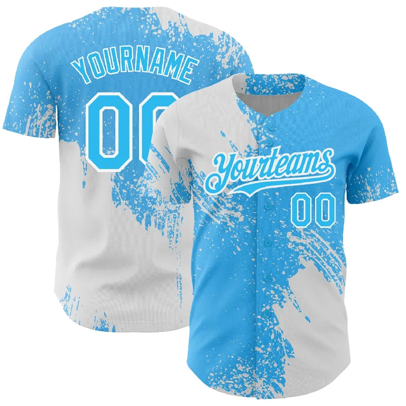 Baseball Jersey for Personalized Fan Gear-Custom Sky Blue White 3D Pattern Design Abstract Brush Stroke Authentic Baseball Jersey