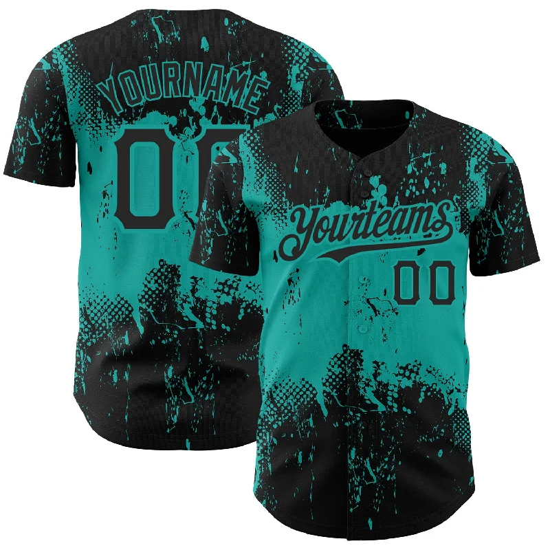 Baseball Jersey for Youth Fan Apparel-Custom Black Aqua 3D Pattern Design Abstract Splatter Grunge Art Authentic Baseball Jersey