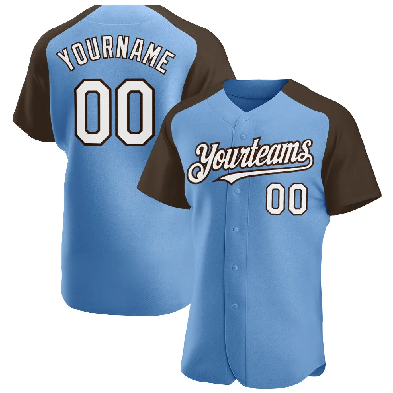 Baseball Jersey for High School Uniforms-Custom Light Blue White-Brown Authentic Raglan Sleeves Baseball Jersey