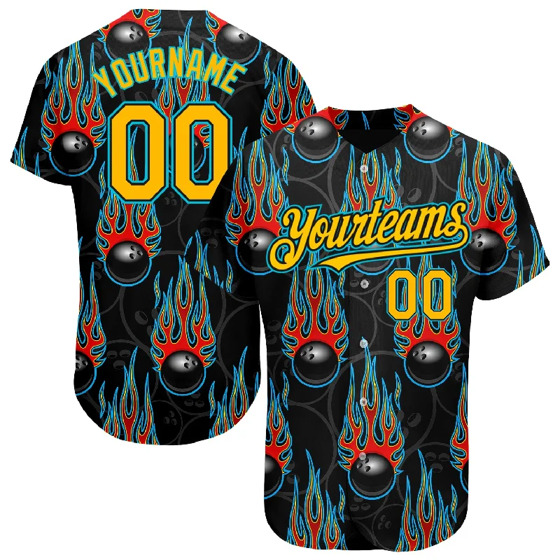 Baseball Jersey for Stylish and Fun Designs-Custom Black Gold-Lakes Blue 3D Pattern Design Bowling Ball With Hotrod Flame Authentic Baseball Jersey