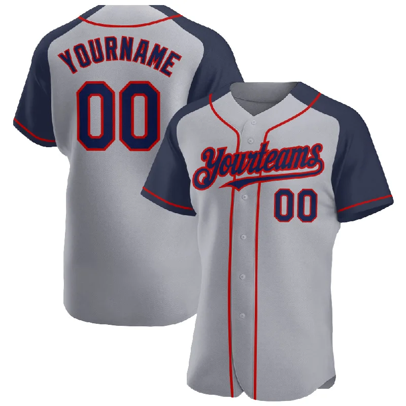 Baseball Jersey for Stylish and Fun Designs-Custom Gray Navy-Red Authentic Raglan Sleeves Baseball Jersey