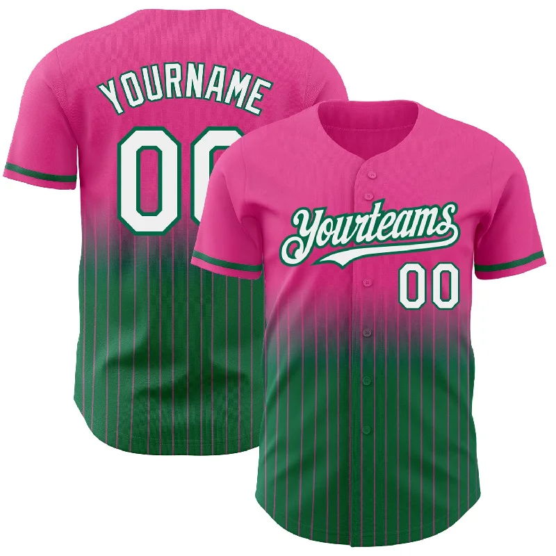 Baseball Jersey for Custom Name and Numbering-Custom Pink Pinstripe White-Kelly Green Authentic Fade Fashion Baseball Jersey